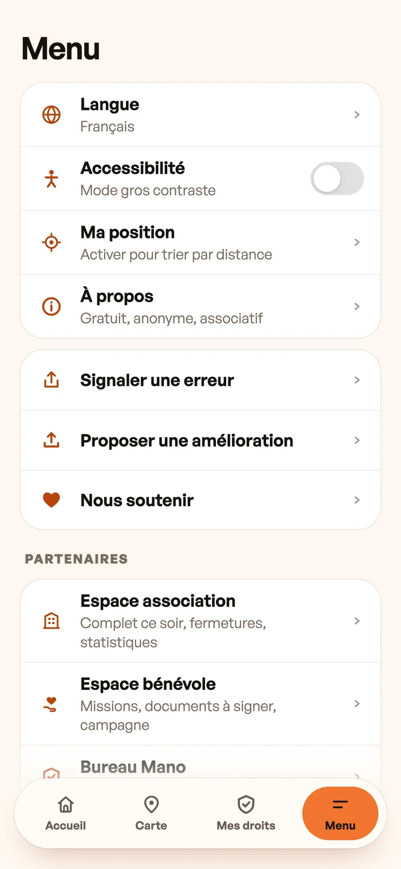 Le menu de Mano : langue, accessibilité, position, à propos